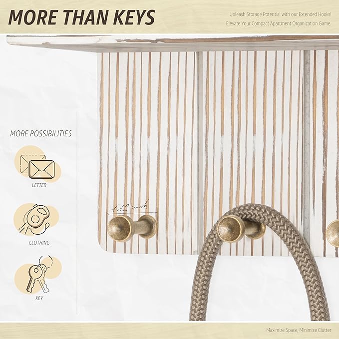 Rebee Vision Farmhouse Key Holder Wall Mount - Decorative Key and Mail Holder for Wall with Small Floating Shelf and 4 Key Ho