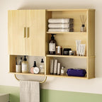 Bathroom Wall Cabinet Wood Large Wall Mounted Medicine Cabinet with 2 Doors and 4 Open Shelves Over Toilet Storage Cabinet Or