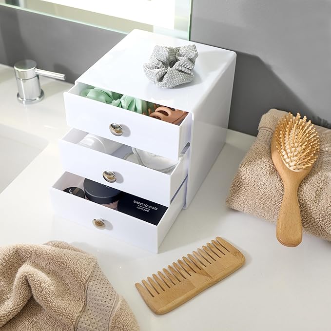 iDesign 3-Drawer Plastic Vanity Organizer, Compact Storage Organization Drawers Set for Cosmetics, Dental Supplies, Hair Care