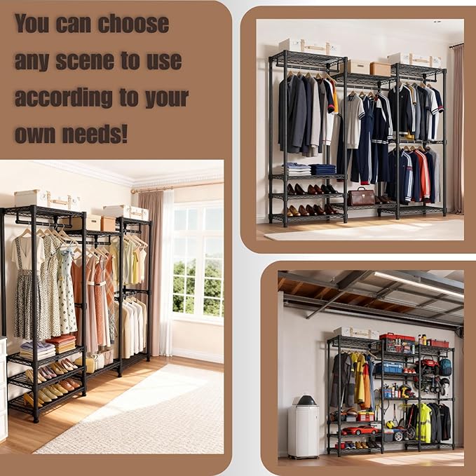 KAXIWEI Portable Closet Wardrobe – Heavy-Duty Freestanding Clothes Rack with 4 Hanging Rods & 8 Shelves, Adjustable Clothing 