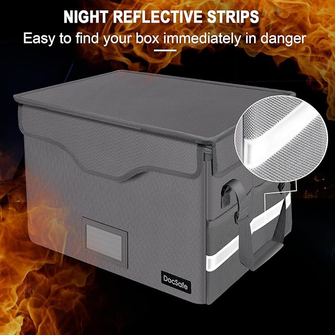 DocSafe Fireproof Document Box with Lock,File Storage Organizer with Zipper Pockets,Collapsible Portable File Box Home Office