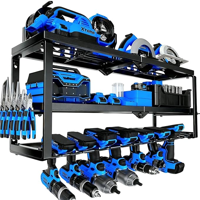 Heavy Duty Power Tool Organizer Wall Mount - 3 Tier Metal Tool Rack with 7 Drill Holders, 300LB Capacity for Garage, Workshop