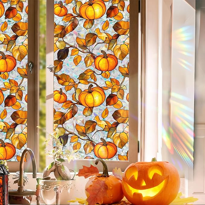 Niviy Pumpkin Thanksgiving Halloween Fall Window Clings, Stained Glass Window Film for Windows Autumn Clings Autumn Home Office Decorations for Indoor Outdoor (16.93 x 39.37inch)