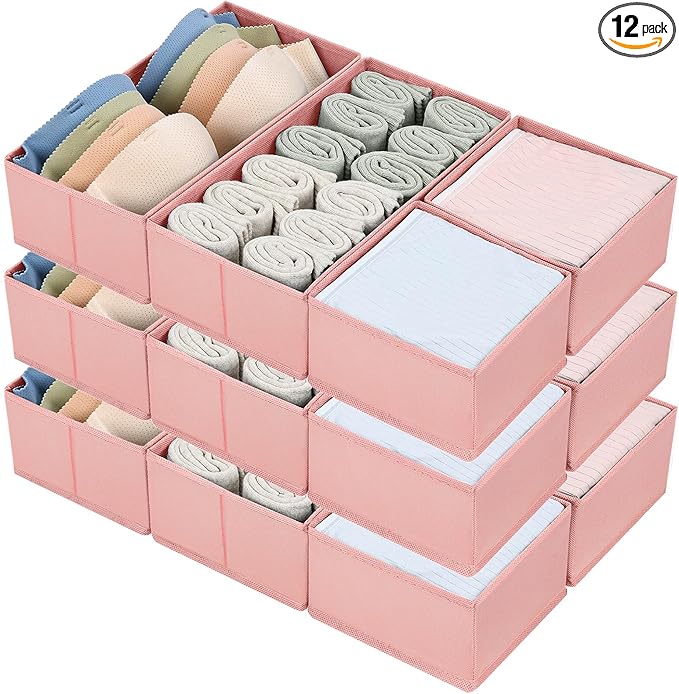 DIMJ Drawer Organizers - Set of 12 Fabric Closet Organizers and Storage, Drawer Dividers for Baby Clothes, Socks, Belt, Tie (