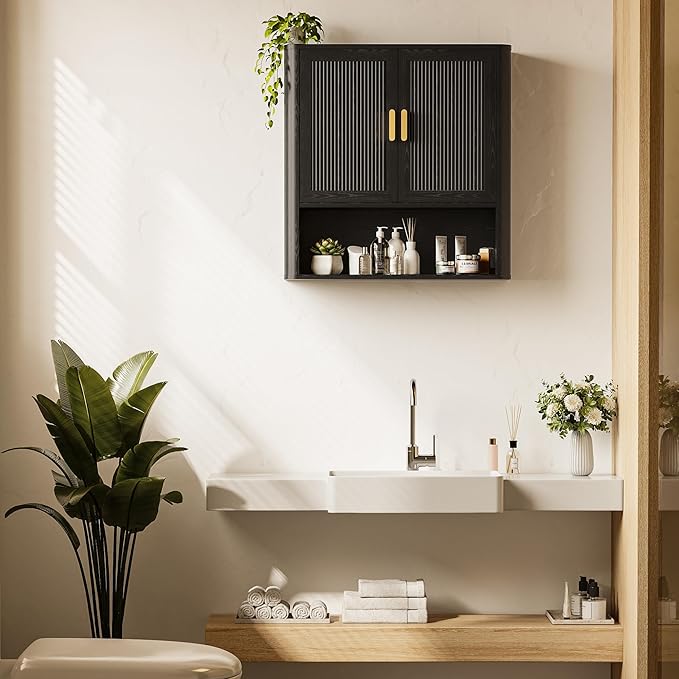 INNOD Bathroom Wall Cabinet, Wall-Mounted Medicine Cabinet with Adjustable Wood Shelf & Doors, Floating Bathroom Cabinet Over