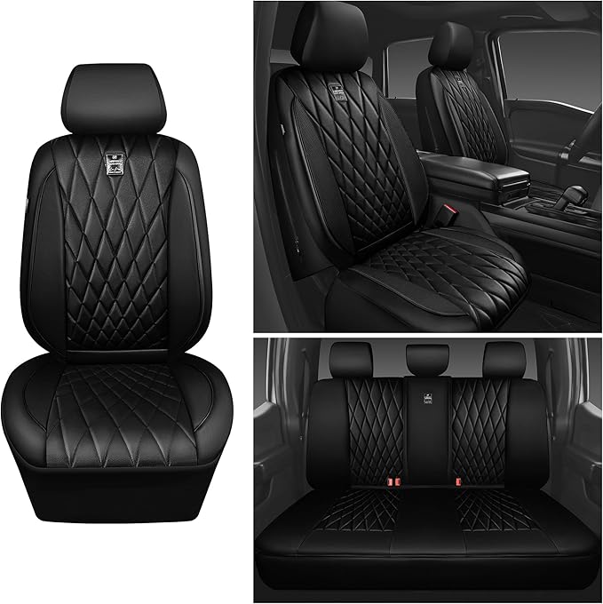 CAR PASS 5 Seats Piping Luxury Faux Leather Seat Covers Full Set, Anti-Slip Waterproof Seat Covers Compatible with Front Armr