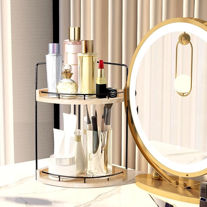 2 Tier Bathroom Counter Organizer, Bathroom Counter Tray and Vanity Organizer, Wood Corner Countertop Tray for Kitchen, Dress