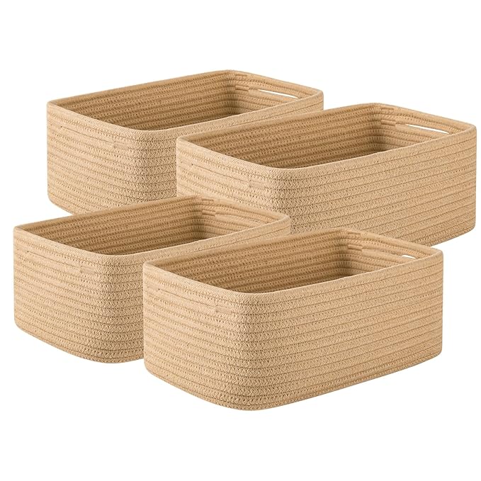 OIASKET 4 Pack Small Storage Shelf Baskets for Organizing, Mini Woven Rope Storage Bins for Towels, Cute Decorative Closet Or