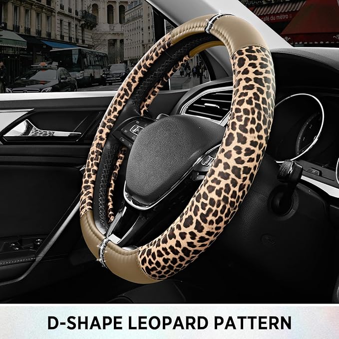 Road Comforts Leopard Steering Wheel Cover for Women, Cute Anti-Slip Microfiber Leather, Fits D Shape Flat Bottom Steering Wh