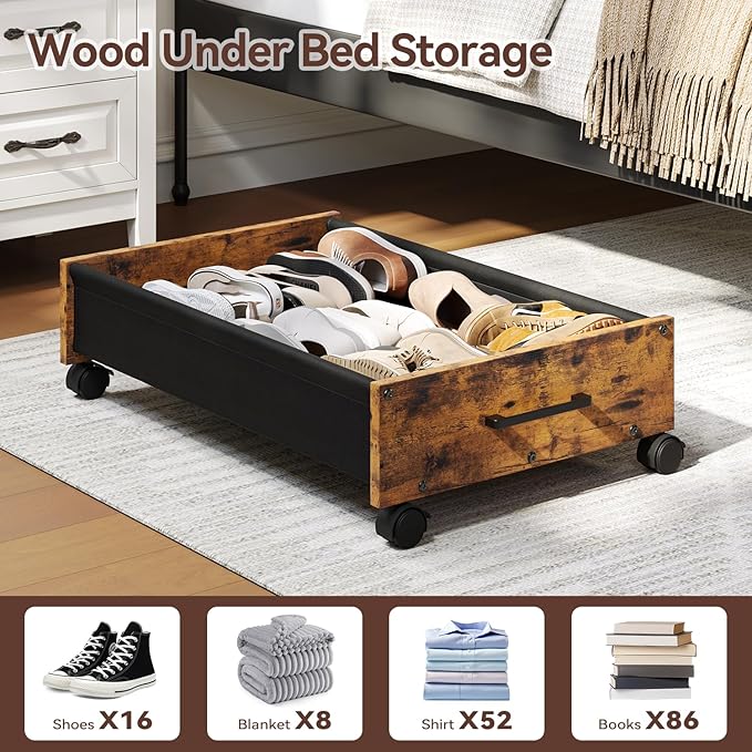 Under Bed Storage with Wheels, Wooden Under Bed Drawers On Wheels, Rolling Under Bed Shoe Storage, Space Saving, Rustic Brown