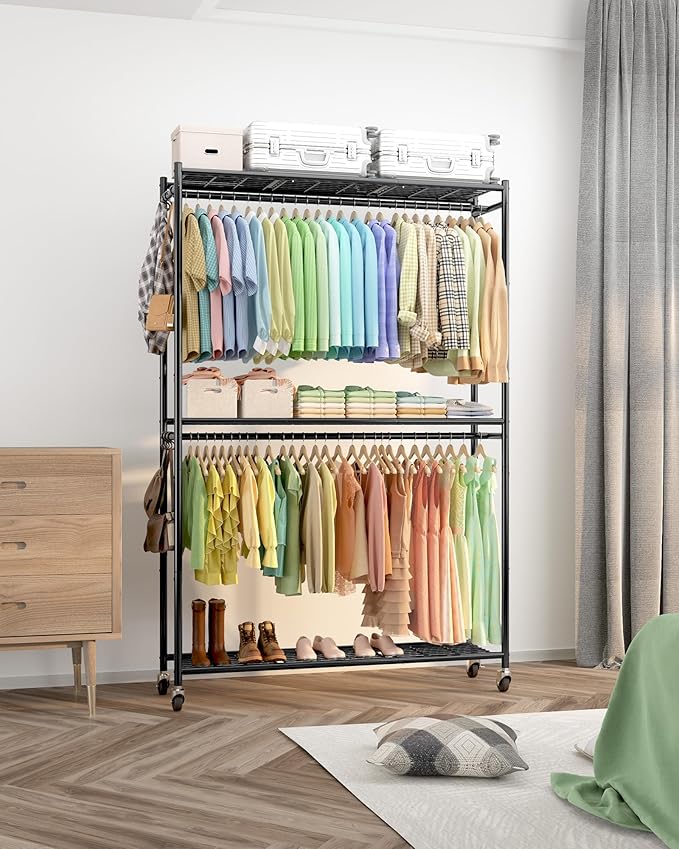 Sakugi Clothes Rack - 45.2" x 12.2" x 79.5" Clothing Rack with Shelves & Wheels, Multi-Functional Wardrobe Closet with Hooks,