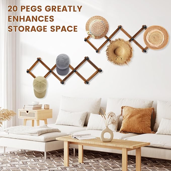 Accordion Wall Hanger, Wood Expandable Wall Mounted Hanger with 10 Hooks for Coats,Hats,Coffee Mug Ect,2 Packs Included,20 Pe