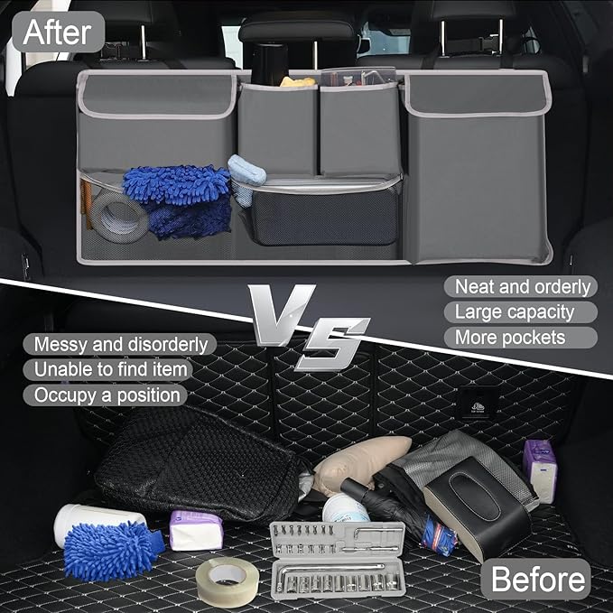 UYYE Trunk Hanging Organizer, Backseat Storage Bag, Collapsible Car Interior Accessories with 4 Pockets & 2 Mesh Pouches for