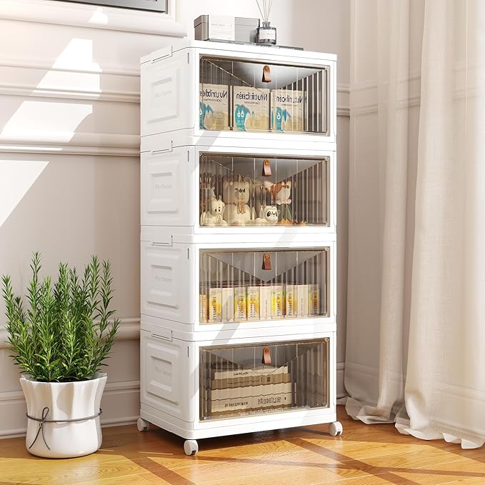 4 Tier Storage Bins with Lids, 23QT Stackable Closet Organizers and Storage with Wheels, Collapsible Storage Boxes, Foldable 