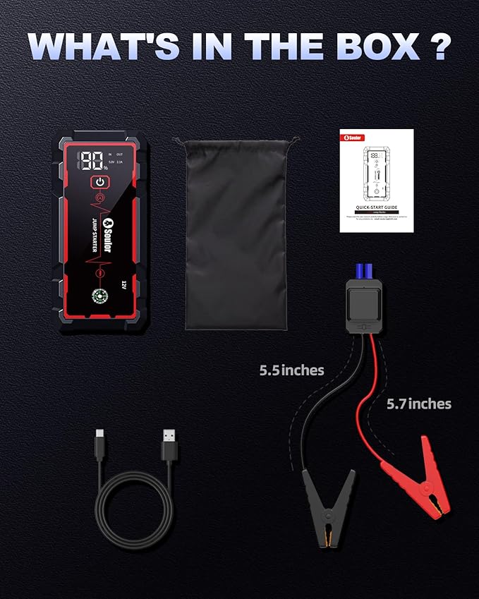 5000A Jump Starter Car Battery Jumper Starter Portable with Jumper Cable, Quick Charge Power Bank, 3 Modes Flashlight,