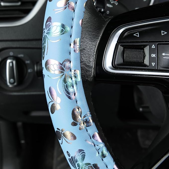 CAR-GRAND Shining Butterfly Leather Steering Wheel Cover, Universal 14.5-15 Inch Anti-Slip Odorless Colorful Car Wheel Protec