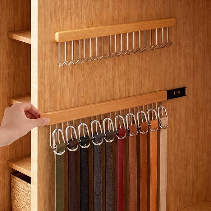 Yookeer 2 Pack Belt Organizer Pull out for Closet Belt Hanger Wall Mounted 16.1 Inch Valet Rods Ties Racks Extending with 12 