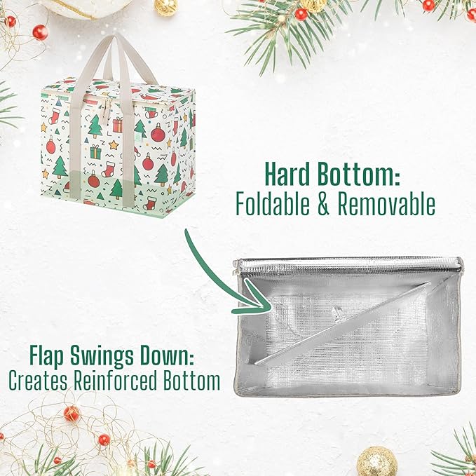VENO 2 Pack Cooler Bag, Insulated Grocery Bags for Food Delivery, Collapsible Cooler, Reusable Shopping Bags for Groceries, Hard Bottom, Water Resistant, Zippered, Foldable (Jingle Mix, 2 Pack)