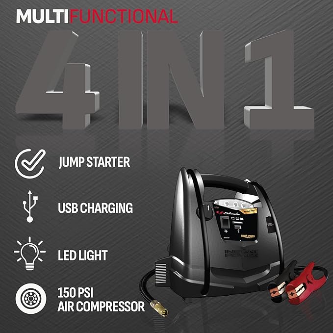 Schumacher Electric 800A Car Battery Jump Starter and Portable Power Station, 4-in-1 Solution, 150-PSI Air Compressor,
