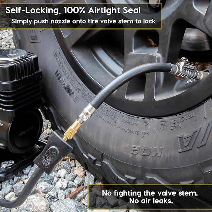 JACO Lightning S2X Tire Inflator Hose Extension Self Locking Nozzle | Patented Lock-on Air Hose Adapter for Tire Pumps (Open Flow)
