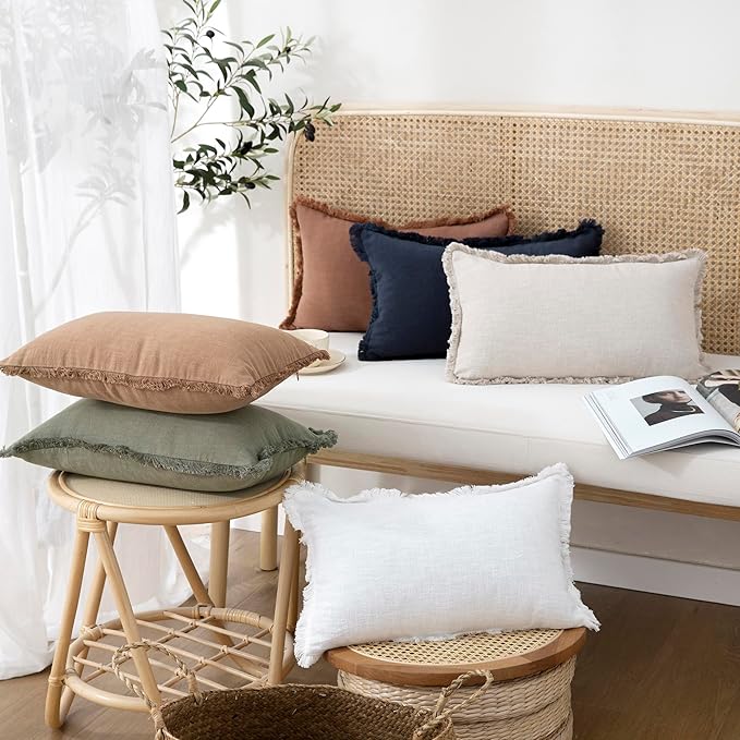 Foindtower Set of 2 Decorative Linen Fringe Throw Pillow Covers Cozy Boho Farmhouse Cushion Cover with Tassels Soft Accent Pi