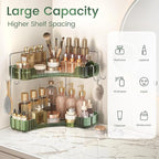 Corner Counter Organizer, 2-Tier Bathroom & Kitchen Storage Tray with Hooks | PET Green Vanity Organizer for Skincare, Makeup
