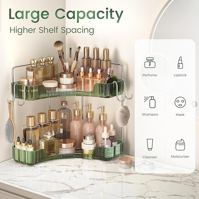 Corner Counter Organizer, 2-Tier Bathroom & Kitchen Storage Tray with Hooks | PET Green Vanity Organizer for Skincare, Makeup