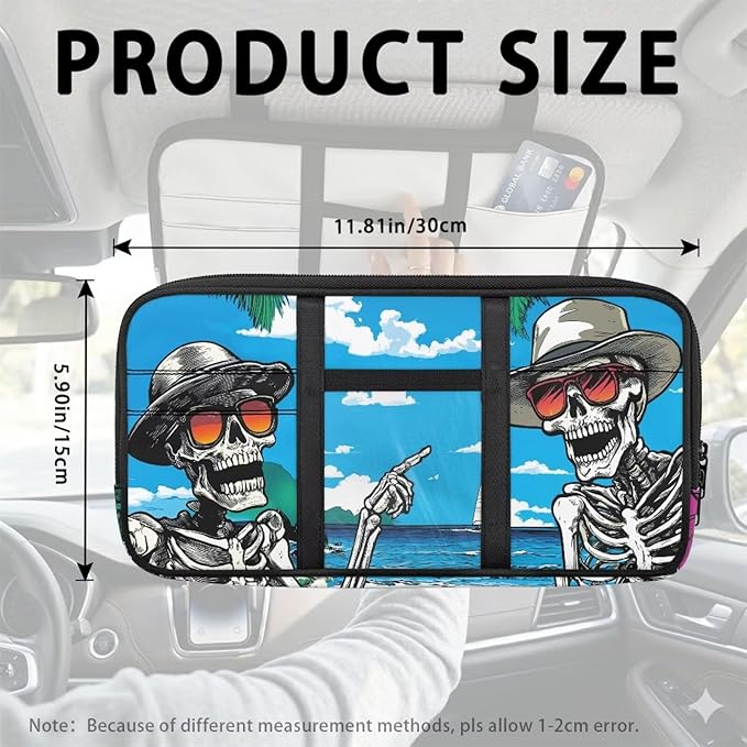 Attractions Sun Visor Organizer for Trucks,Vacation Skull Card Sleeve Pocket with Multi-Pocket Zipper, Auto Interior Accessories Pocket Organizer