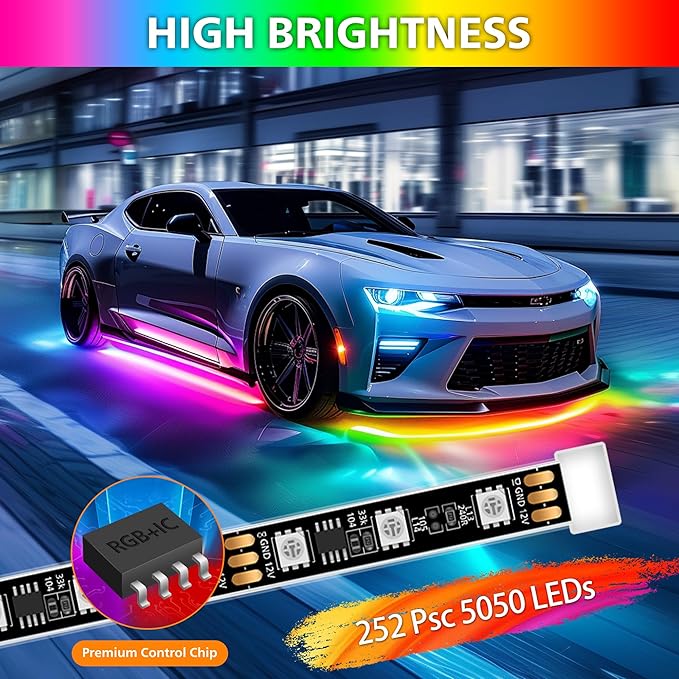 Underglow LED Lights for Cars 252 LEDs RGBI Neon Accent Strip Lights with 16 Million Colors DIY & Music Mode Underbody Exterior Lights Kit for RV SUV Truck Boat 12V