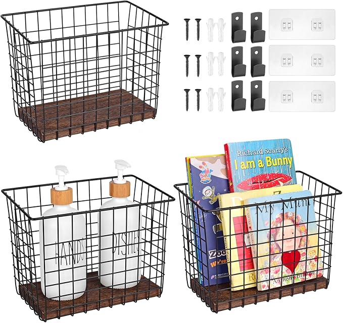 Wall Hanging Baskets 3 Pack, Diversified Wire Basket Shelves of Wooden Style, with Wall Mounted Hooks & Traceless Stickers, f