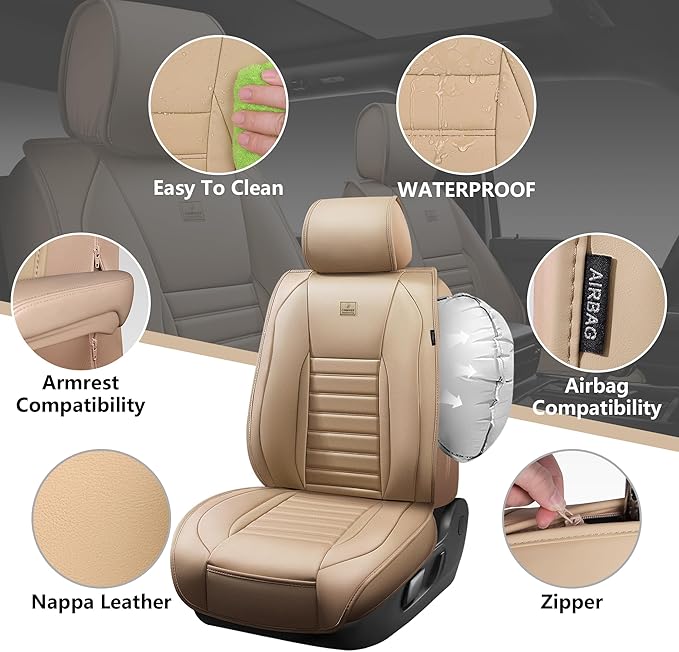 CAR PASS Nappa Leather Car Seat Covers Full Set, Luxury Seat Protector for Cars, Waterproof Anti-Slip Car Seat Cushion Armres