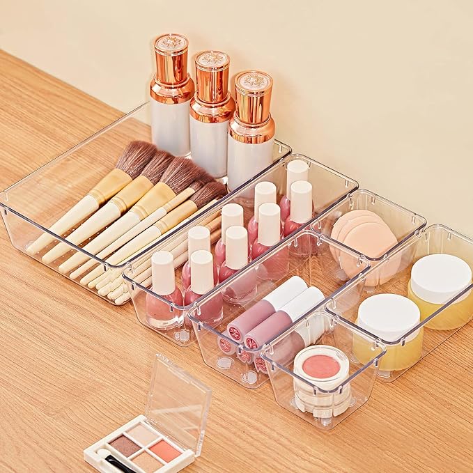 SMARTAKE 28 Piece Drawer Organizers with Non-Slip Silicone Pads, 4-Size Desk Drawer Organizer Trays Storage Tray for Makeup, 