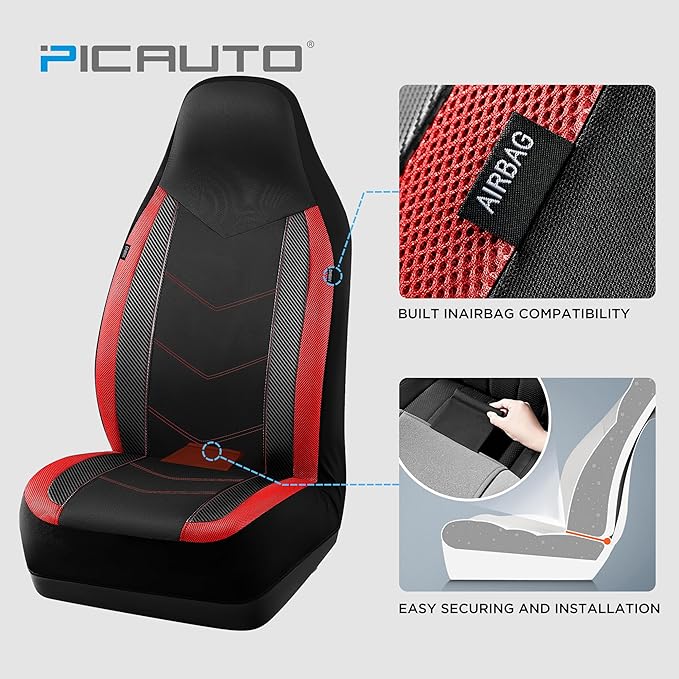 PIC AUTO Car Seat Covers - High Back Front Seat Covers, Sports Carbon Fiber Mesh Design, Universal Fit, Airbag Compatible (Re