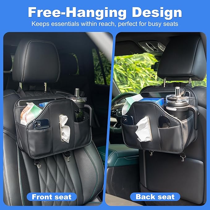 Upgraded Car Tissue Holder,Car Seat Back Organizer With Cup Holder,Premium PU Leather Headrest Seat Back Storage Fits For Kleenex Tissue Box (50-230ct)
