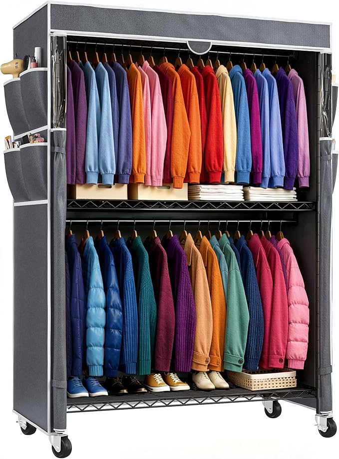Raybee Clothes Rack with Cover, 45" W Heavy Duty Clothing Racks for Hanging Clothes, Portable Closet with Adjustable Shelves 