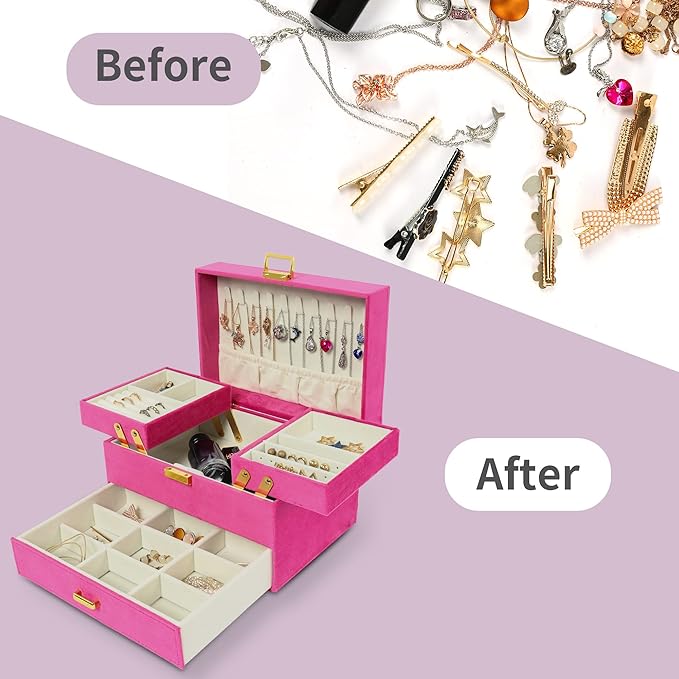 Dajasan Jewelry Organizer Box, Large Jewelry Boxes for Women Girls, Space-Saving 3 Layers Jewelry Storage Case with Drawer, G