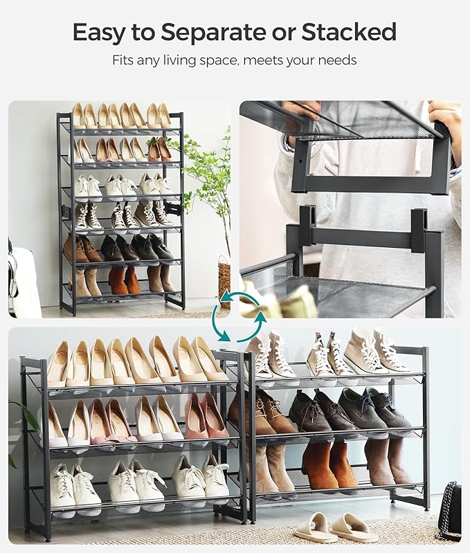 SONGMICS Shoe Rack, 6-Tier Shoe Organizer, Metal Rack for Garage, Set of 2, 3-Tier Stackable Shelf, with Adjustable Flat or A