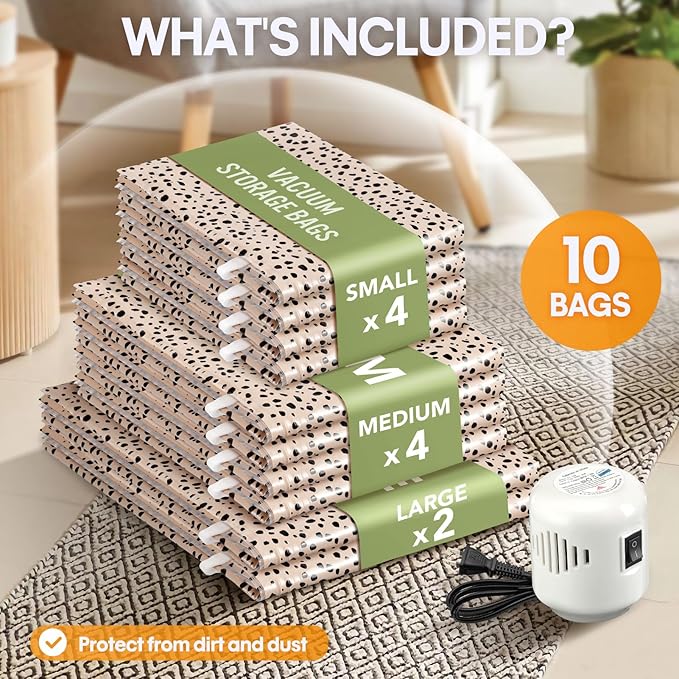 10 Pack Travel Vacuum Storage Bags with Electric Pump, 2 Large + 4 Medium + 4 Small Vacuum Sealer Bags, 80% Space Saver Bags 