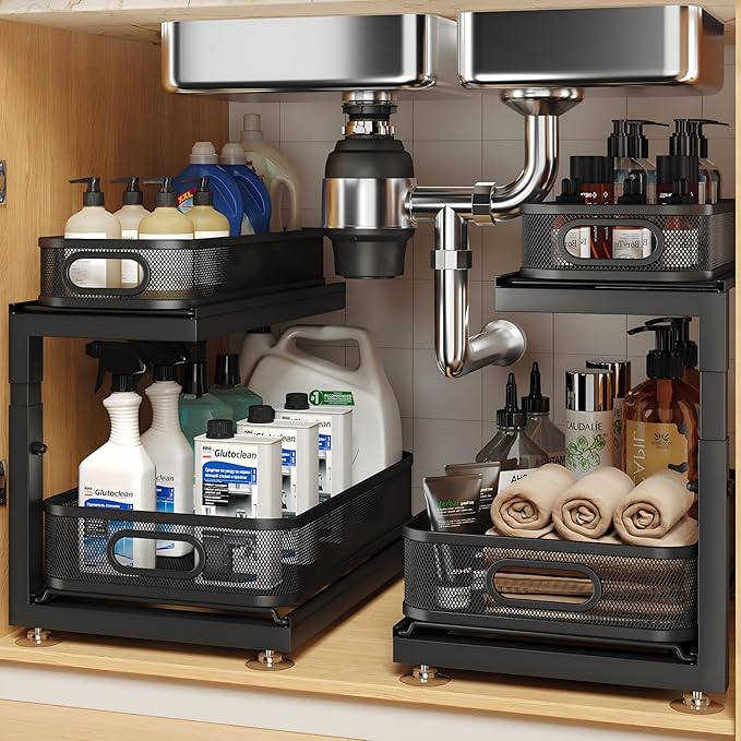 2-Pack Under Sink Storage Organizer with 2-Tier Slide Out Drawer, Sophisticated Mesh Pull Out Shelf for Kitchen & Bathroom, F
