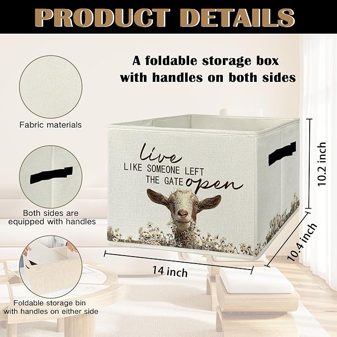 Rustic Goat Storage Bins & Boxes with Handles, Farmhouse Goat Foldable Basket for Organizing, Live Like Someone Left the Gate