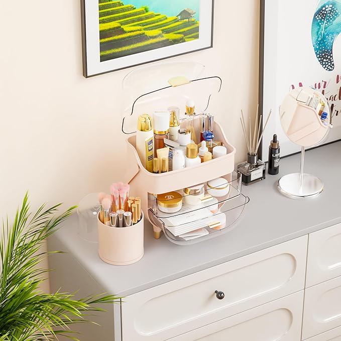 Yieach Countertop Makeup Organizer for Vanity,Large Capacity Skincare Organizers With Drawers and Makeup Brush Holder,Cosmeti