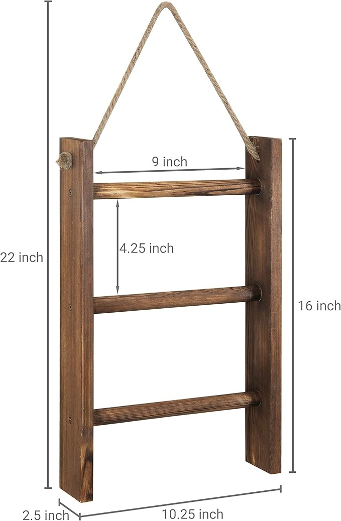 MyGift Rustic Dark Brown Wood Wall Hanging 3 Tier Hand Towel Ladder Rack, Bathroom Towel Storage Rack with Top Rope