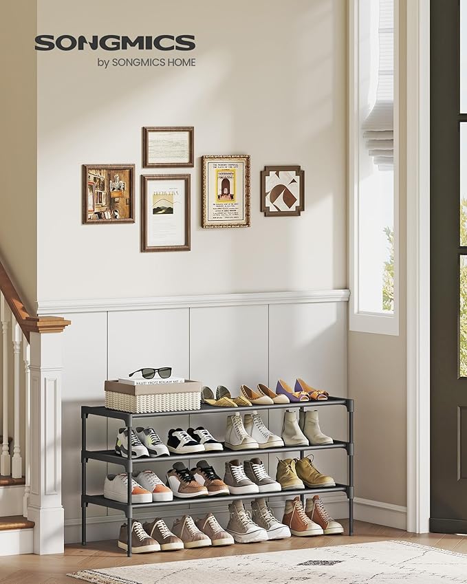 SONGMICS Shoe Rack, 3-Tier Shoe Storage Organizer, Space-Saving, 11.7 x 36.1 x 21 Inches, Entryway, Metal Frame, Non-Woven Fa