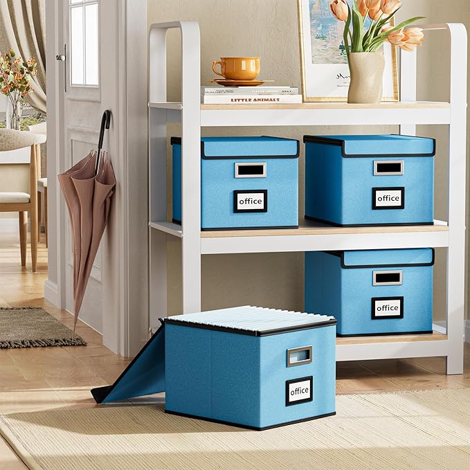 Huolewa Decorative File Organizer Document Storage Boxes with Lids, Linen Hanging Filing Storage Boxes, Decorative Home/Offic