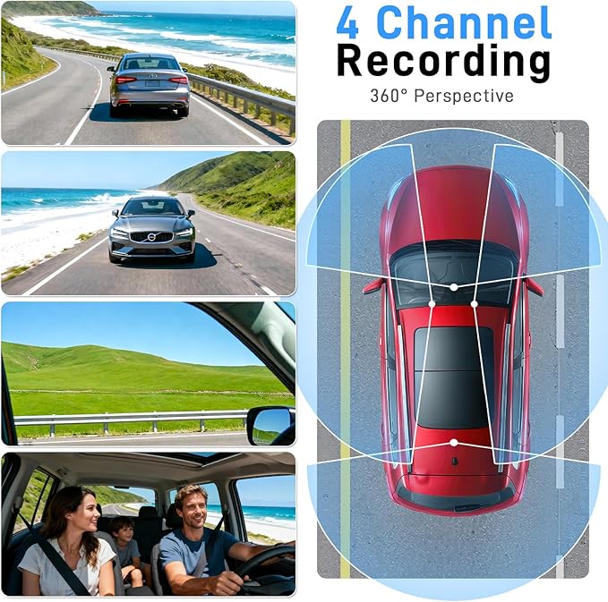 4 Channel Dash Cam 360 View Front Rear Left Right Car Camera,GPS and 5GHz Band WiFi,APP Control,G-Sensor,24H Parking Mode,8PC