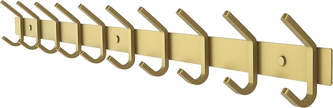 Brushed Gold Wall Mounted Coat Rack – 30 Inch Stainless Steel Rail with 10 Double Coat Hooks for Entryway, Bathroom, Bedroom,