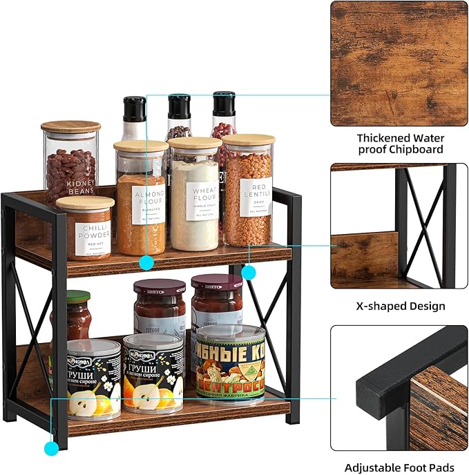 Giikin Countertop Shelf Organizer, 2 Tier Kitchen Spice Rack for Countertop, Wood Coffee Counter Shelf Organizer for Home (Br