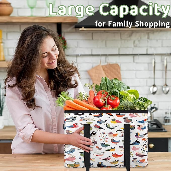 Reusable Grocery Bags Heavy Duty Shopping Bags Foldable Large Tote Bags with Long Handles & Hard Bottom