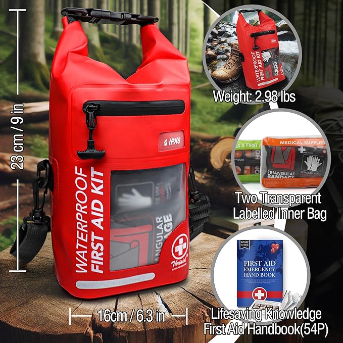 250 PCS Waterproof First Aid Kit, Roll Top Reflective Boat Dry Bag Bug Out Bags, Emergency Medical Kit Ideal for Boating, Cam