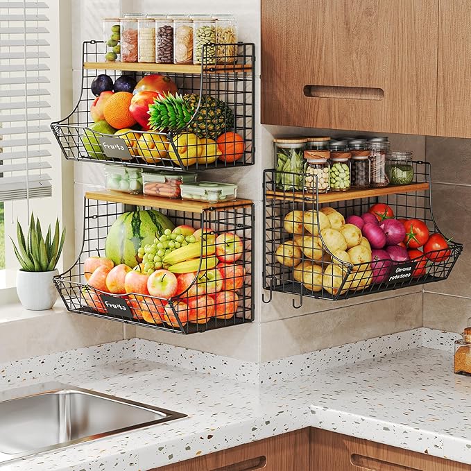 3 Pack Extra Large Fruit Basket for Kitchen with Wood Lid Nameplate - Counter&Wall Mounted Onion and Potato Storage Bin, Stac
